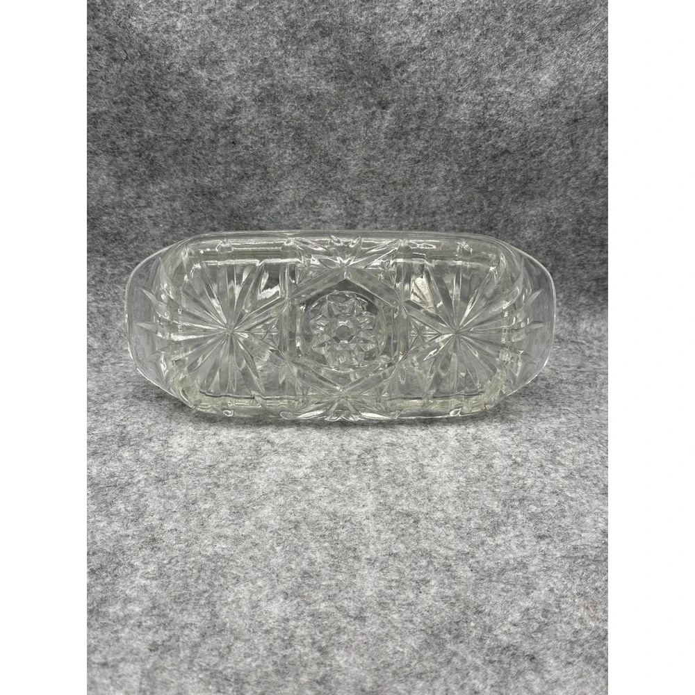 Vintage Crystal Pressed Glass Butter Dish with Lid Starburst Pattern Rectangular